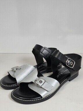 Andrea e Michele Silver & Black Leather Flat Buckle Sandals